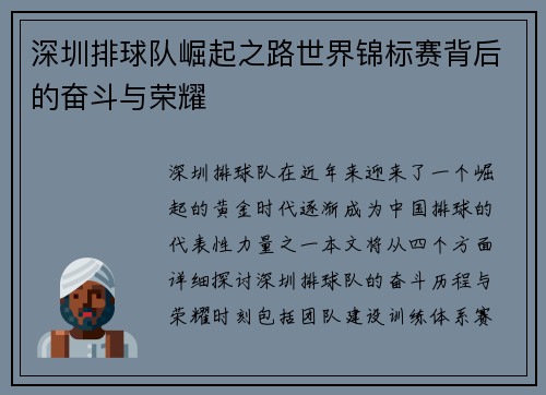 深圳排球队崛起之路世界锦标赛背后的奋斗与荣耀